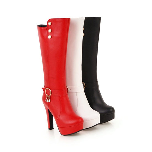 Women Rivets Pearls Side Zippers Buckle Straps Block Chunky Heel Platform Knee High Boots