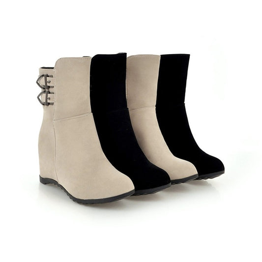 Women Flock Round Toe Buckle Straps Wedge Heel Short Boots