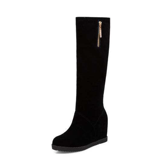 Women Flock Round Toe Zippers Wedge Heel Knee High Boots