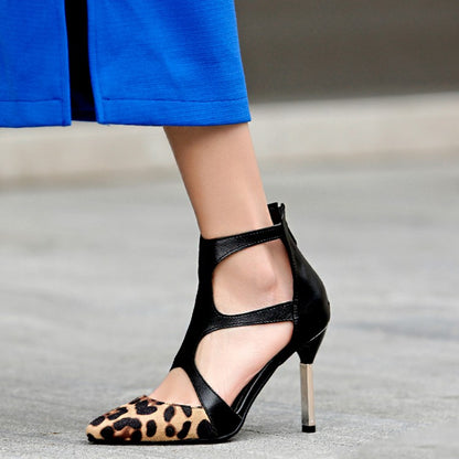 Women Leopard Print Pointed Toe Back Zippers Stiletto Heel Sandals