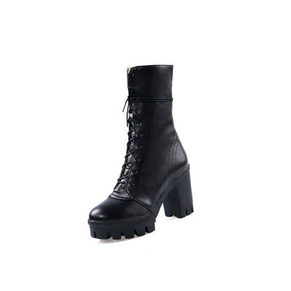 Women Round Toe Lace Up Block Heel Platform Mid Calf Boots