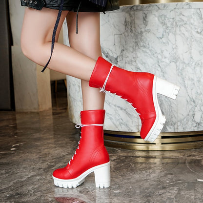 Women Round Toe Lace Up Block Heel Platform Mid Calf Boots