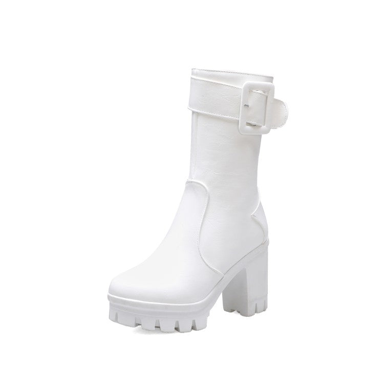 Women Buckle Block Heel Platform Mid Calf Boots