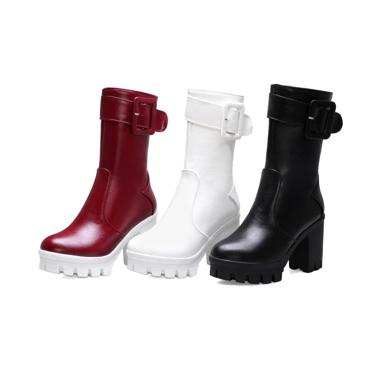 Women Buckle Block Heel Platform Mid Calf Boots