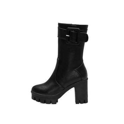 Women Buckle Block Heel Platform Mid Calf Boots