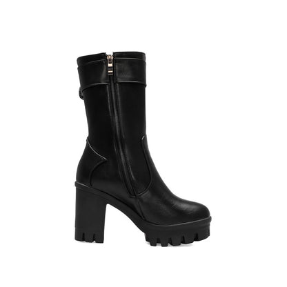 Women Buckle Block Heel Platform Mid Calf Boots