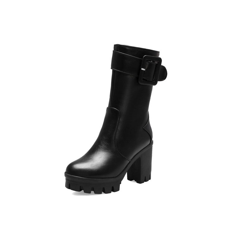 Women Buckle Block Heel Platform Mid Calf Boots