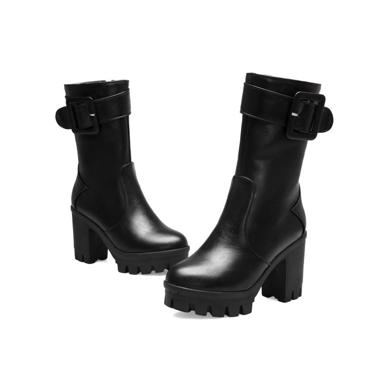 Women Buckle Block Heel Platform Mid Calf Boots