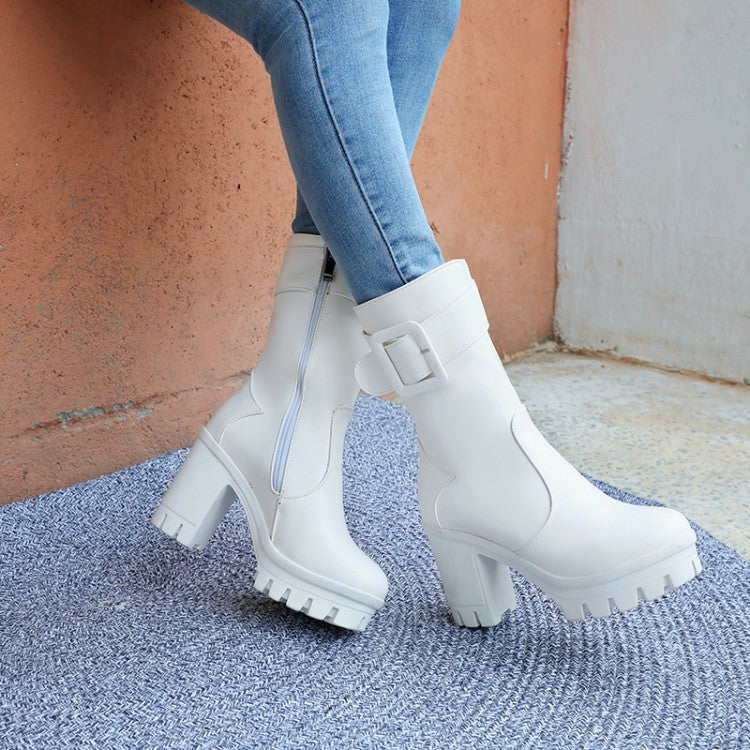 Women Buckle Block Heel Platform Mid Calf Boots