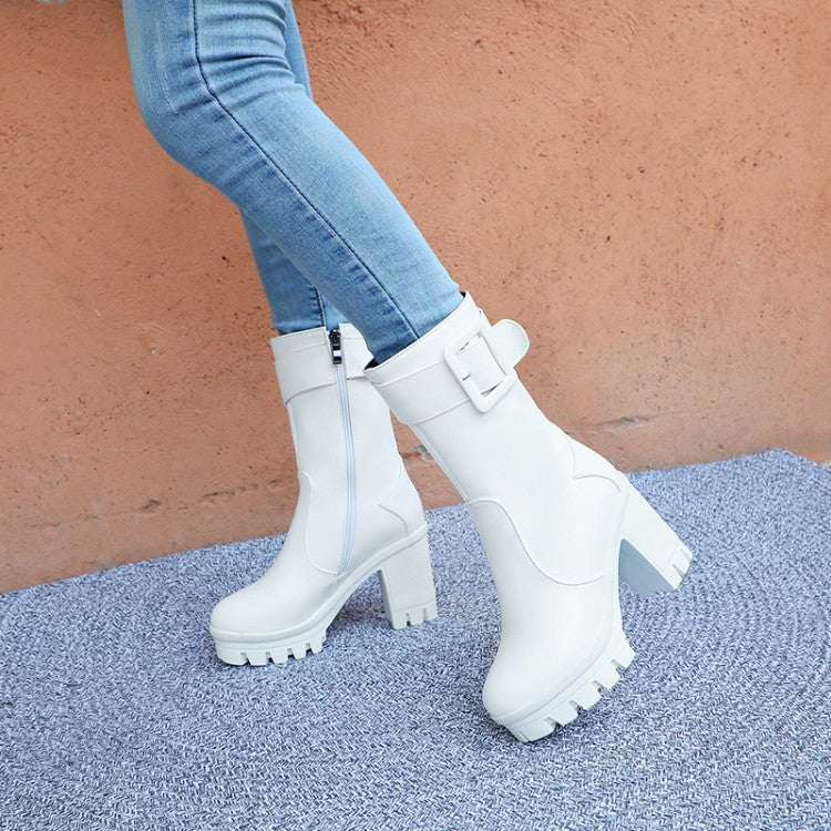 Women Buckle Block Heel Platform Mid Calf Boots