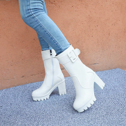 Women Buckle Block Heel Platform Mid Calf Boots