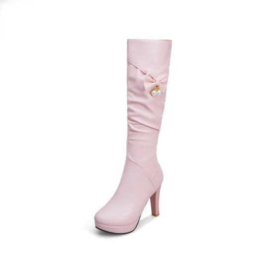 Women Side Zippers Bow Tie Pearls Block Heel Platform Knee High Boots