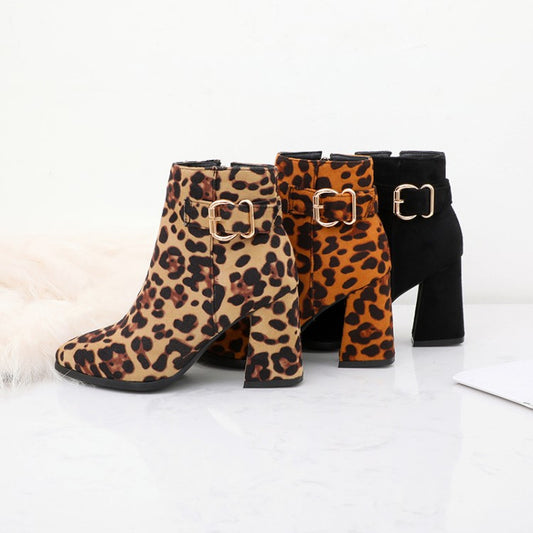 Women Leopard-print Flock Pointed Toe Side Zippers Buckle Straps Block Chunky Heel Short Boots