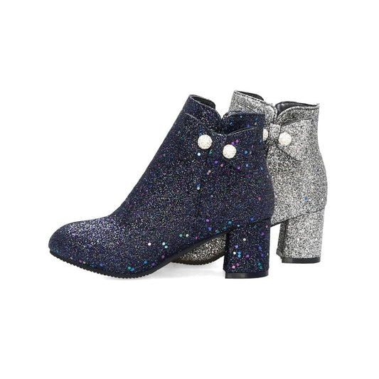 Women Sparkling Sequins Round Toe Bow Tie Side Zippers Block Chunky Heel Short Boots