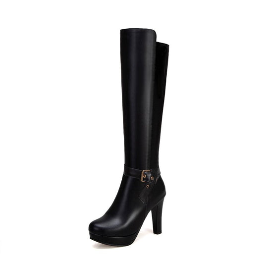 Women Buckle Straps Side Zippers Block Chunky Heel Platform Knee High Boots