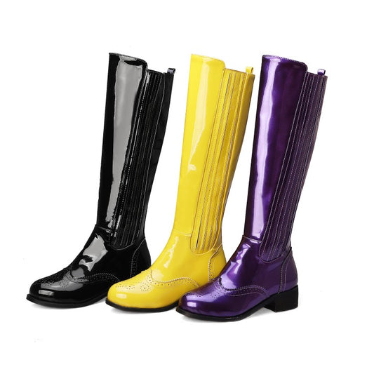 Women Patent Round Toe Side Zippers Block Chunky Heel Platform Knee High Boots