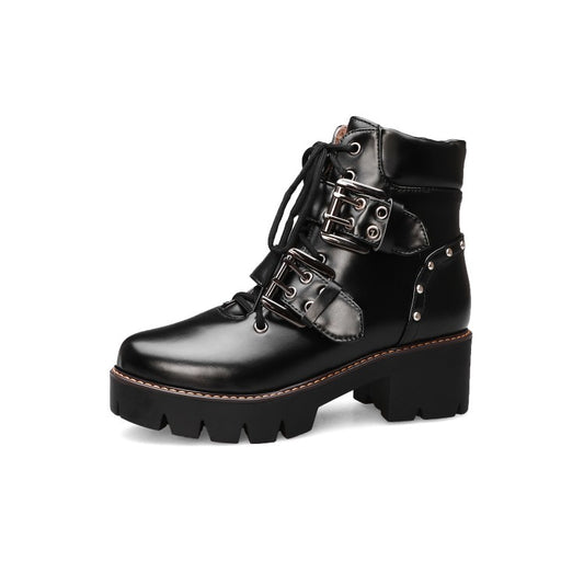 Women Lace Up Buckle Straps Rivets Block Chunky Heel Platform Short Boots