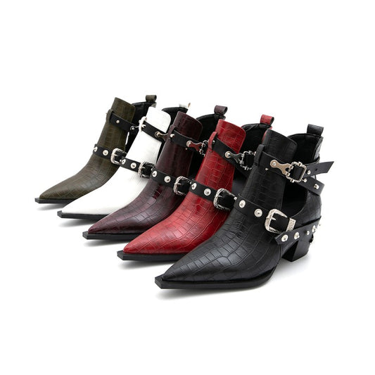 Women Crocodile Pattern Pointed Toe Rivets Buckle Block Chunky Heel Short Boots