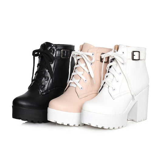 Women Round Toe Lace-Up Buckle Straps Block Chunky Heel Platform Short Boots