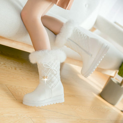 Women Round Toe Tied Straps Pearls Flat Platform Mid-Calf Boots