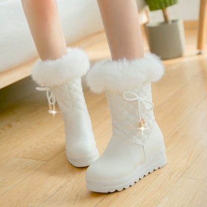 Women Round Toe Tied Straps Pearls Flat Platform Mid-Calf Boots