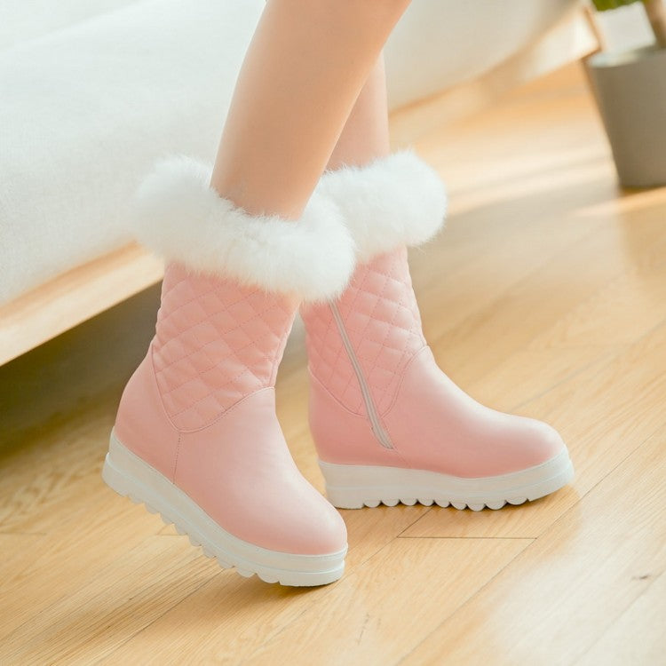 Women Round Toe Tied Straps Pearls Flat Platform Mid-Calf Boots