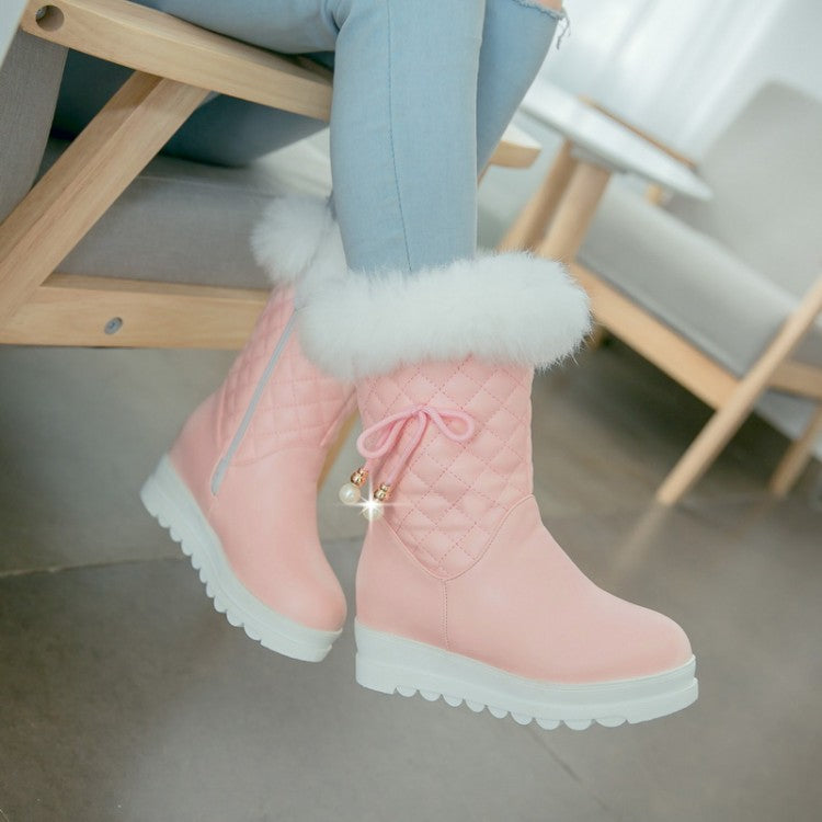 Women Round Toe Tied Straps Pearls Flat Platform Mid-Calf Boots