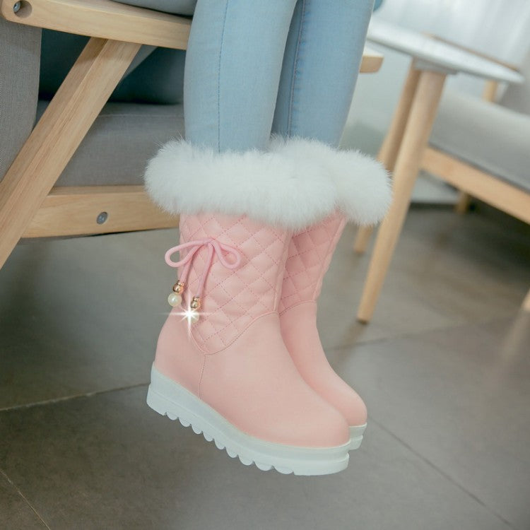 Women Round Toe Tied Straps Pearls Flat Platform Mid-Calf Boots