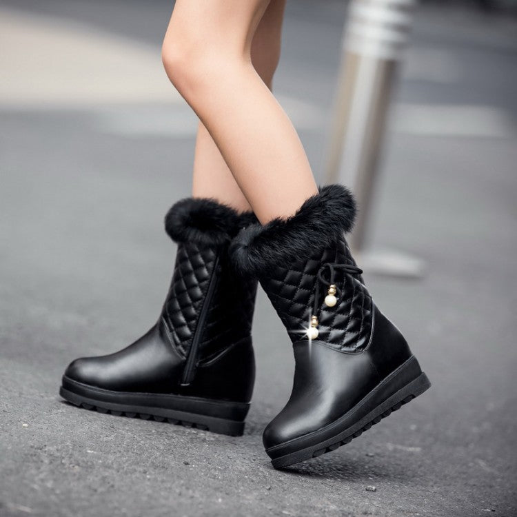 Women Round Toe Tied Straps Pearls Flat Platform Mid-Calf Boots