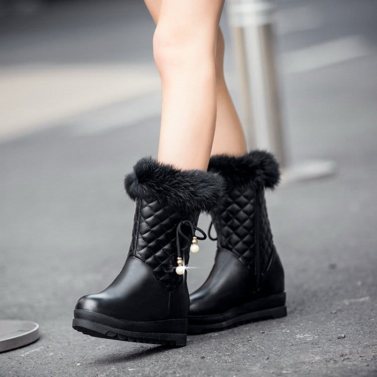 Women Round Toe Tied Straps Pearls Flat Platform Mid-Calf Boots