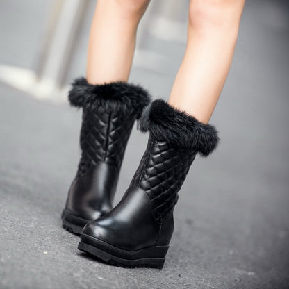 Women Round Toe Tied Straps Pearls Flat Platform Mid-Calf Boots