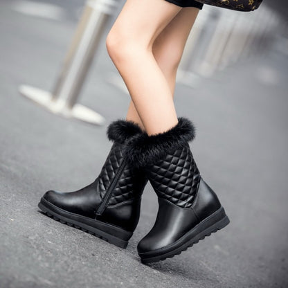 Women Round Toe Tied Straps Pearls Flat Platform Mid-Calf Boots