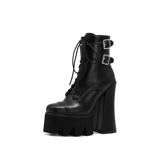 Women Crocodile Pattern Round Toe Lace Up Buckle Straps Side Zippers Block Chunky Heel Platform Ankle Boots