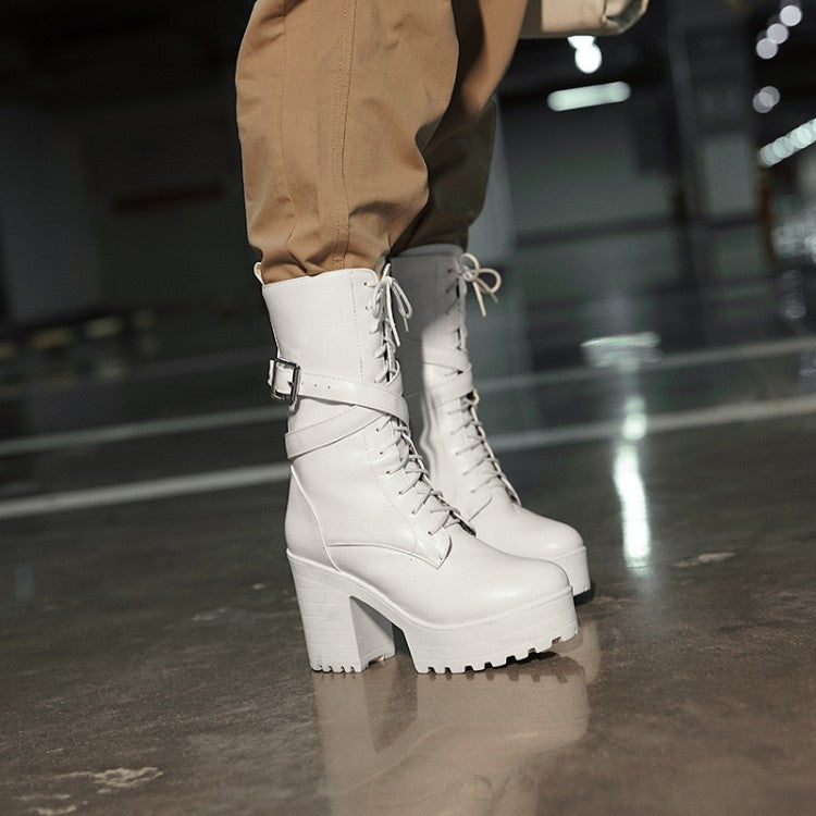 Women Lace Up Buckle Straps Block Heel Platform Mid Calf Boots