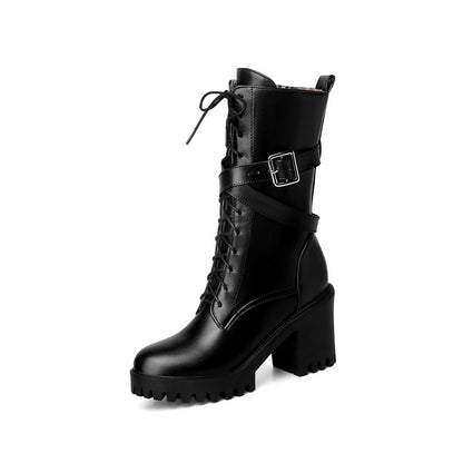 Women Lace Up Buckle Straps Block Heel Platform Mid Calf Boots