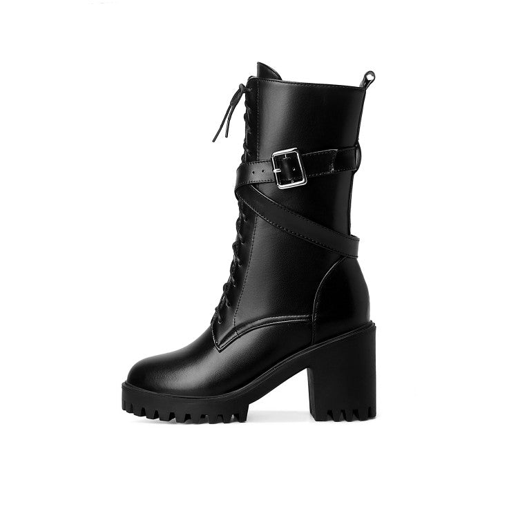 Women Lace Up Buckle Straps Block Heel Platform Mid Calf Boots