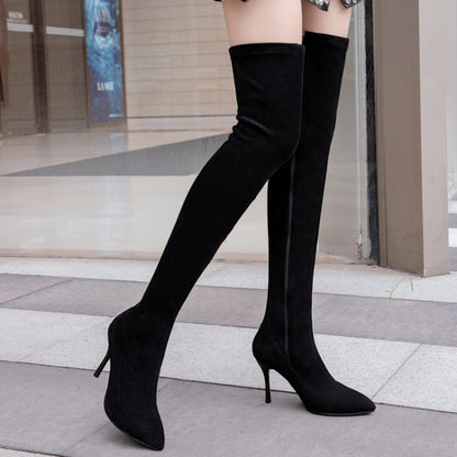 Women Flock Pointed Toe Stiletto Heel Over Knee Boots