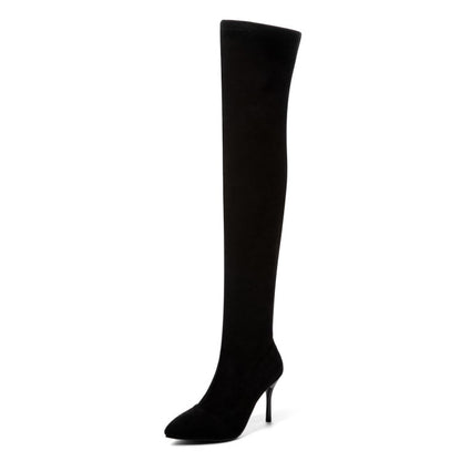 Women Flock Pointed Toe Stiletto Heel Over Knee Boots