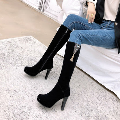 Women Flock Side Zippers Rhinestone Block Chunky Heel Platform Knee High Boots