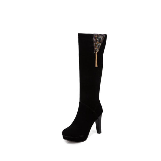 Women Flock Side Zippers Rhinestone Block Chunky Heel Platform Knee High Boots