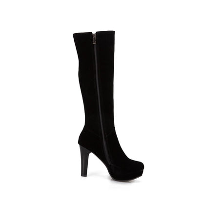 Women Flock Side Zippers Rhinestone Block Chunky Heel Platform Knee High Boots