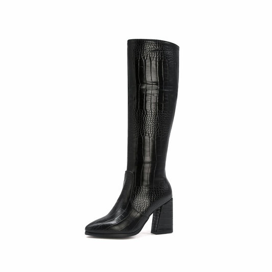 Women Crocodile Pattern Pu Leather Pointed Toe Side Zippers Block Chunky Heel Knee High Boots