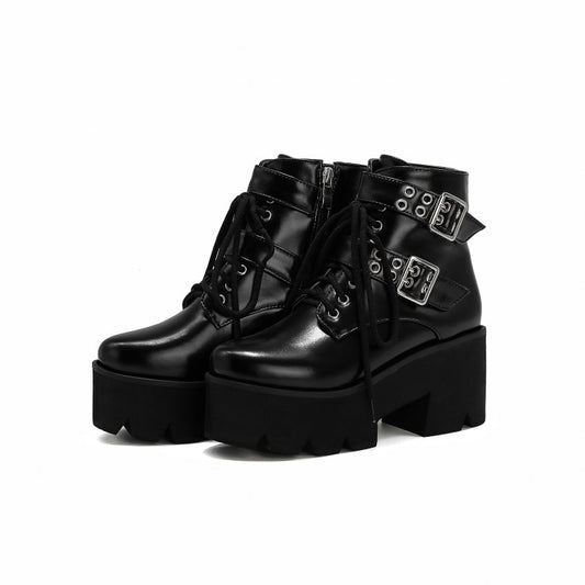 Women Glossy Round Toe Side Zippers Buckle Straps Lace Up Block Chunky Heel Platform Short Boots