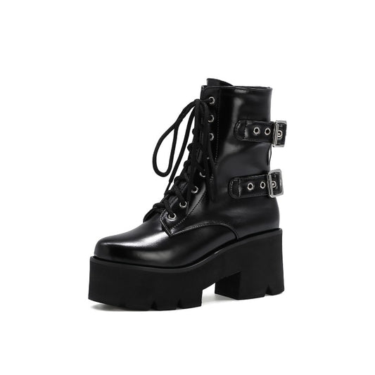 Women Lace Up Buckle Straps Riding Block Chunky Heel Platform Short Boots