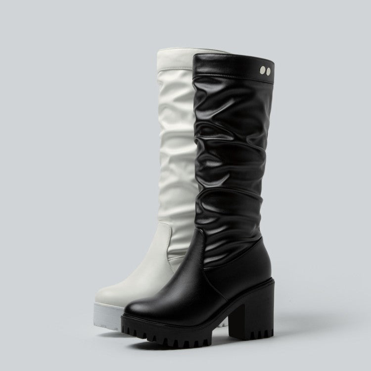 Women Block Chunky Heel Platform Mid Calf Boots