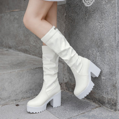 Women Block Chunky Heel Platform Mid Calf Boots