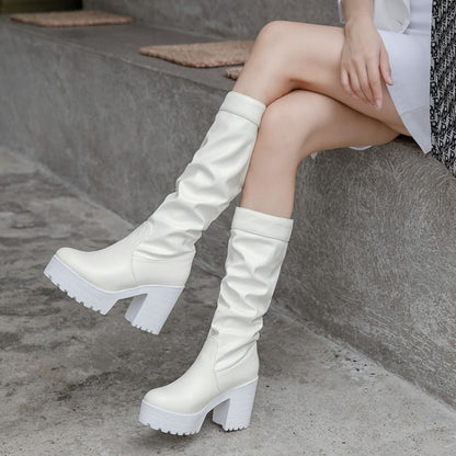 Women Block Chunky Heel Platform Mid Calf Boots