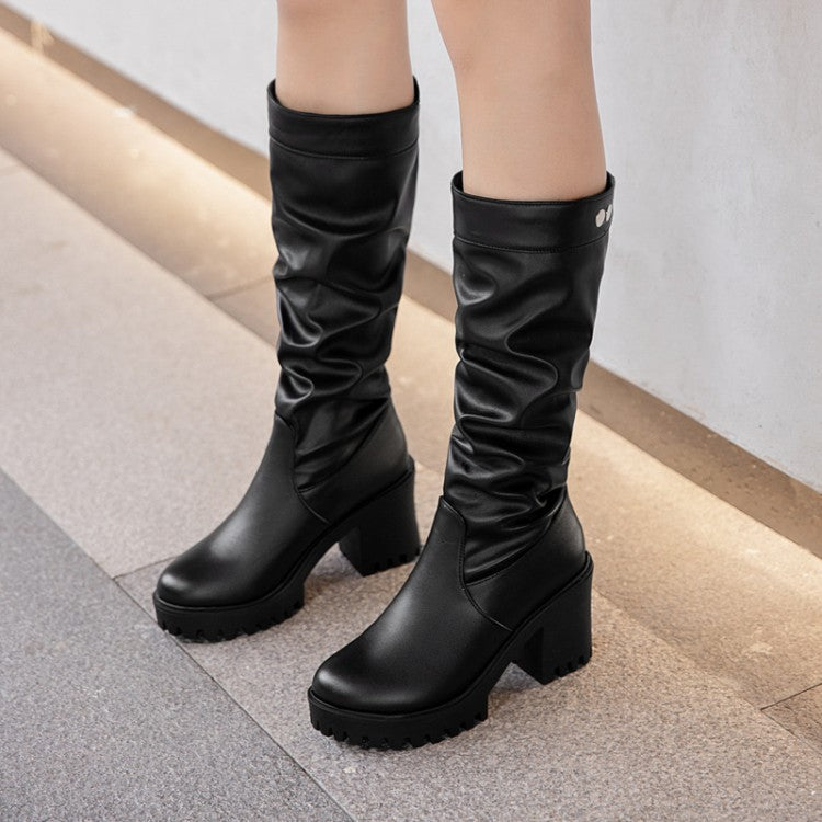 Women Block Chunky Heel Platform Mid Calf Boots