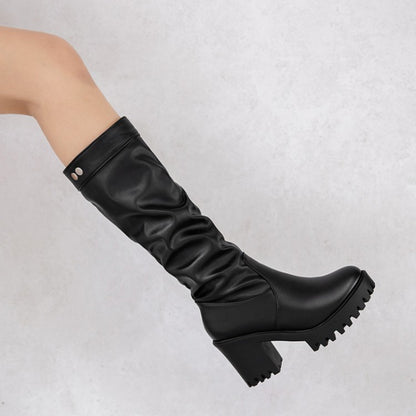 Women Block Chunky Heel Platform Mid Calf Boots