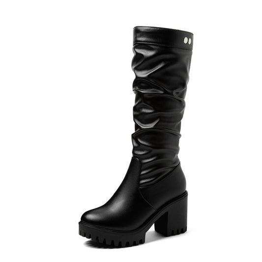 Women Block Chunky Heel Platform Mid Calf Boots